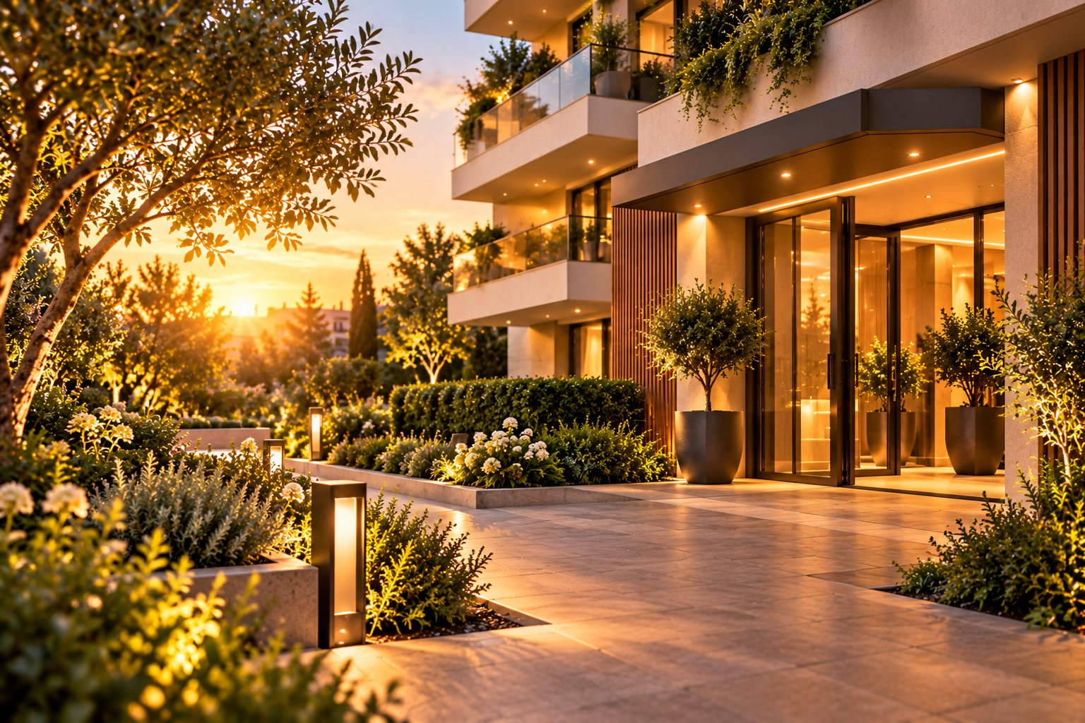 Richiesta preventivo Ingresso di un condominio al tramonto